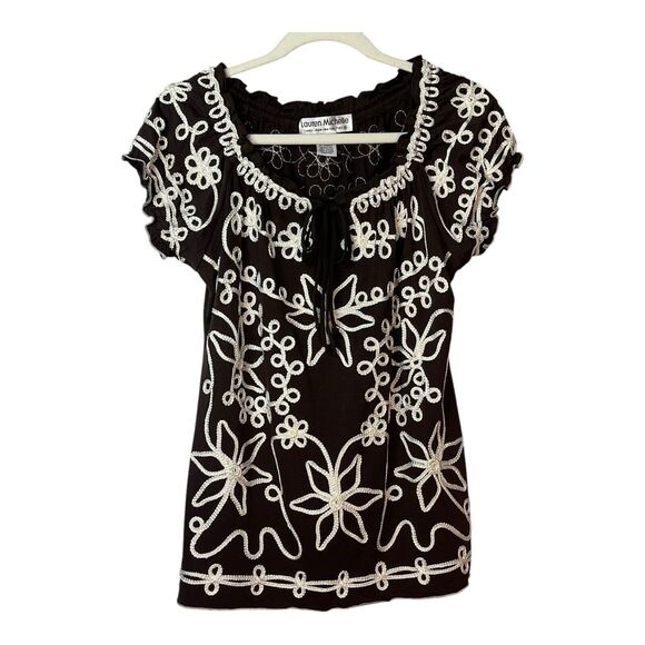 Lauren Michelle Floral Embellished Embroidery White On Brown Ruffled Tunic Top - Picture 5 of 6